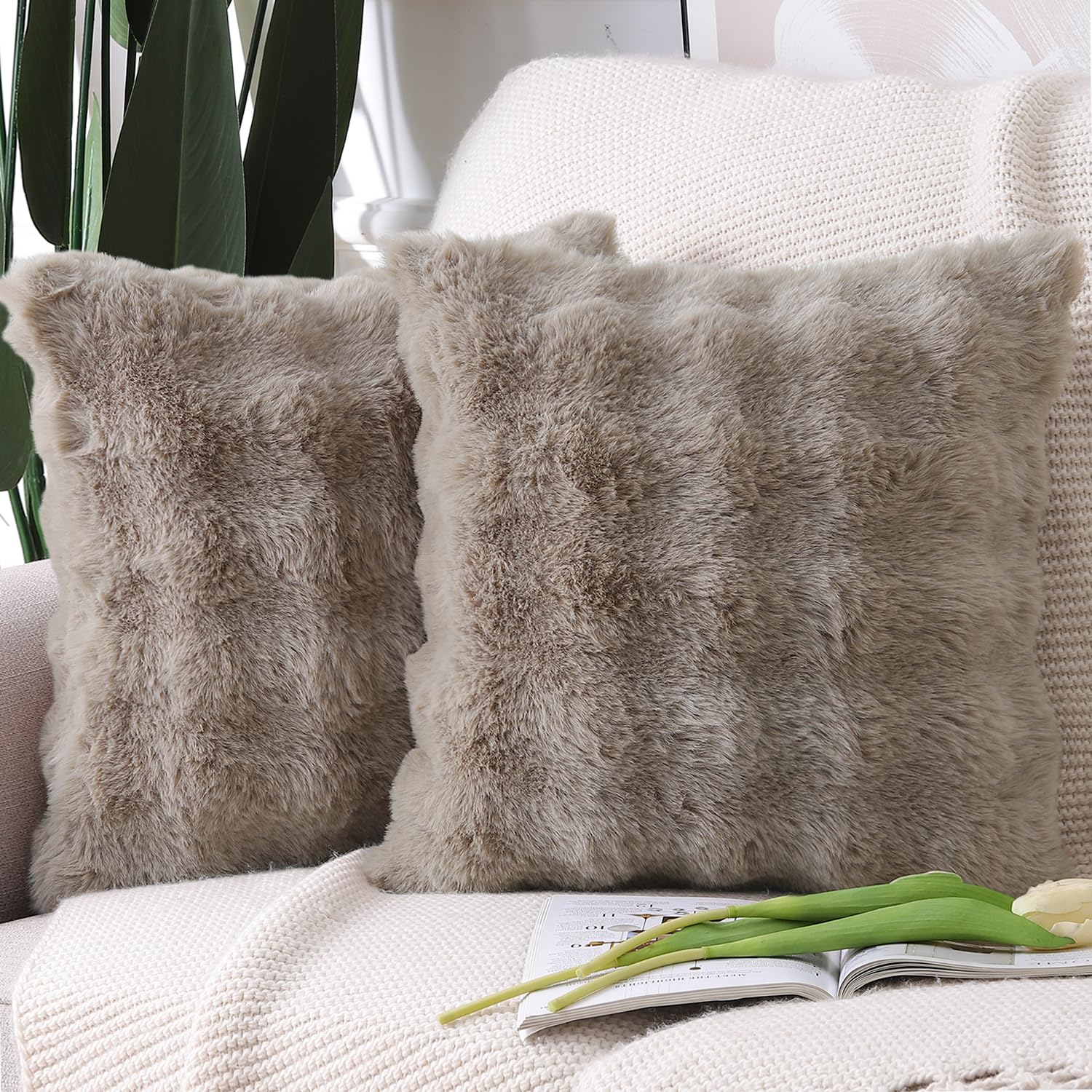 Madizz Pack of 2 Thick Plush Faux Wool Cushion Covers 45x45 cm Taupe Soft Neutral Decorative Throw Pillow Covers Accent Boho Pillowcases for Couch Sofa Bedroom Pillow Shell — image 1