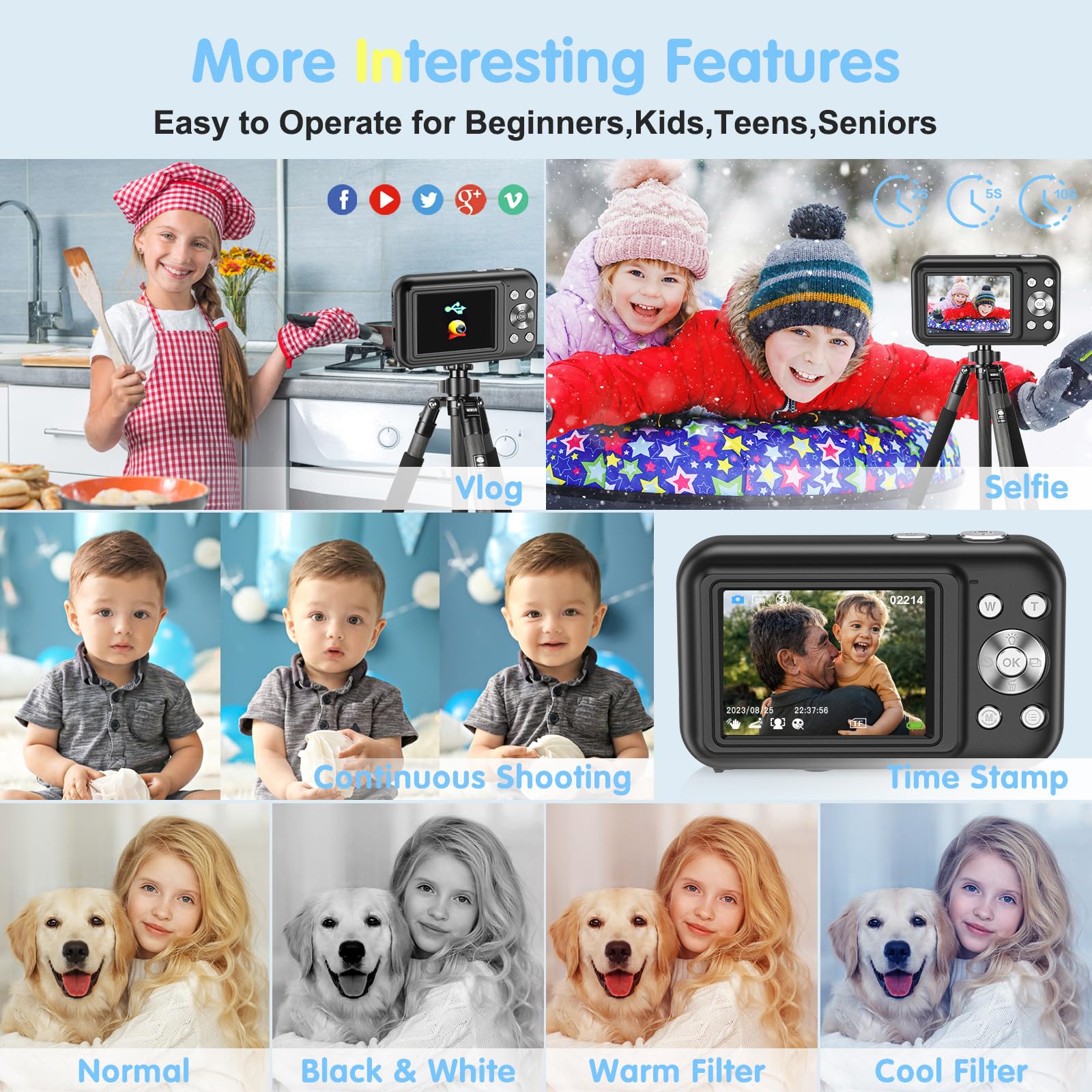 Digital Camera, FHD 1080P Digital Camera for Kids with 32GB Card, Vlogging Camera for Video Anti-Shake, Portable Point and Shoot Camera Fill Flash 16X Zoom, Small Camera for Travel—Black