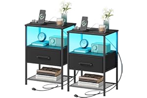 TRIFEBLE Night Stand Set 2, End Table with Charging Station, LED Bedside Table with Fabric Drawer for Bedroom, 3-Tier Side Table with Open Shelf, Black