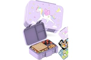 BEARFOOT Kids Lunch Box with Compartments – Compact & Lightweight | Leak-Proof, BPA-Free, Dishwasher & Microwave Safe | Hand-Drawn Design for Preschool, School, Travel (Unicorn Purple, 2.75 Cups)