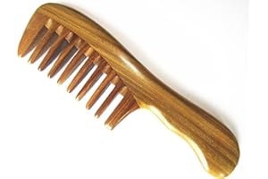 Myhsmooth G8sp-2w-wt Wide Tooth Wood Handmade Natural Green Sandalwood No Static Comb with Wavy Handle with Aromatic Scent fo
