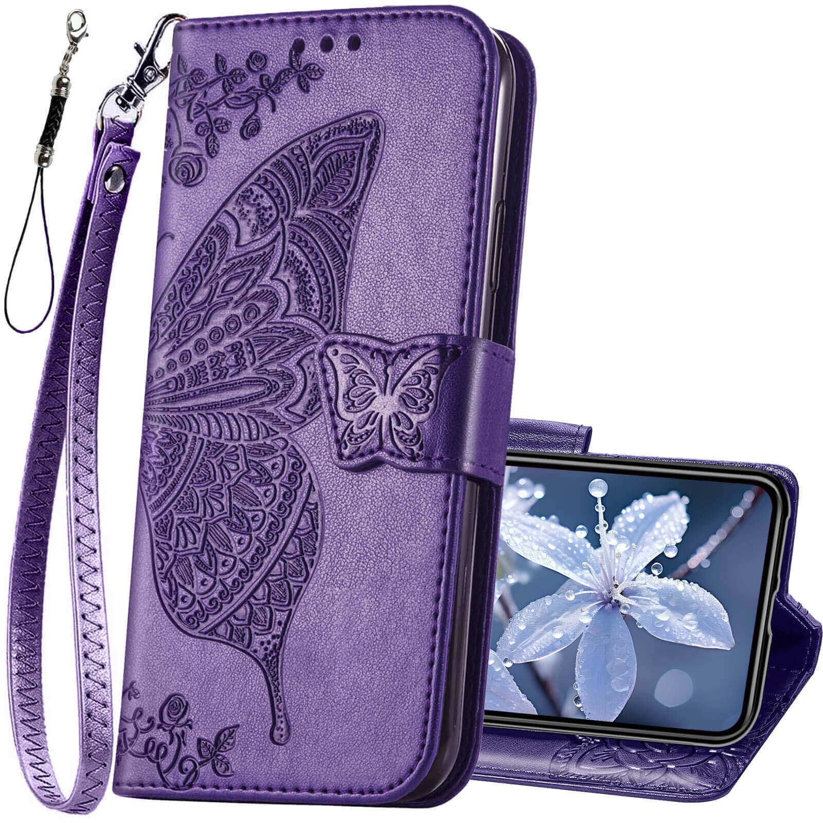 KRHGEIK for iPhone 11 Wallet Case,Women Flip Folio Cover with Butterfly Embossed PU Leather Kickstand Credit Card Holder Slots Magnetic Wrist Strap for iPhone 11 6.1 inch (Purple)