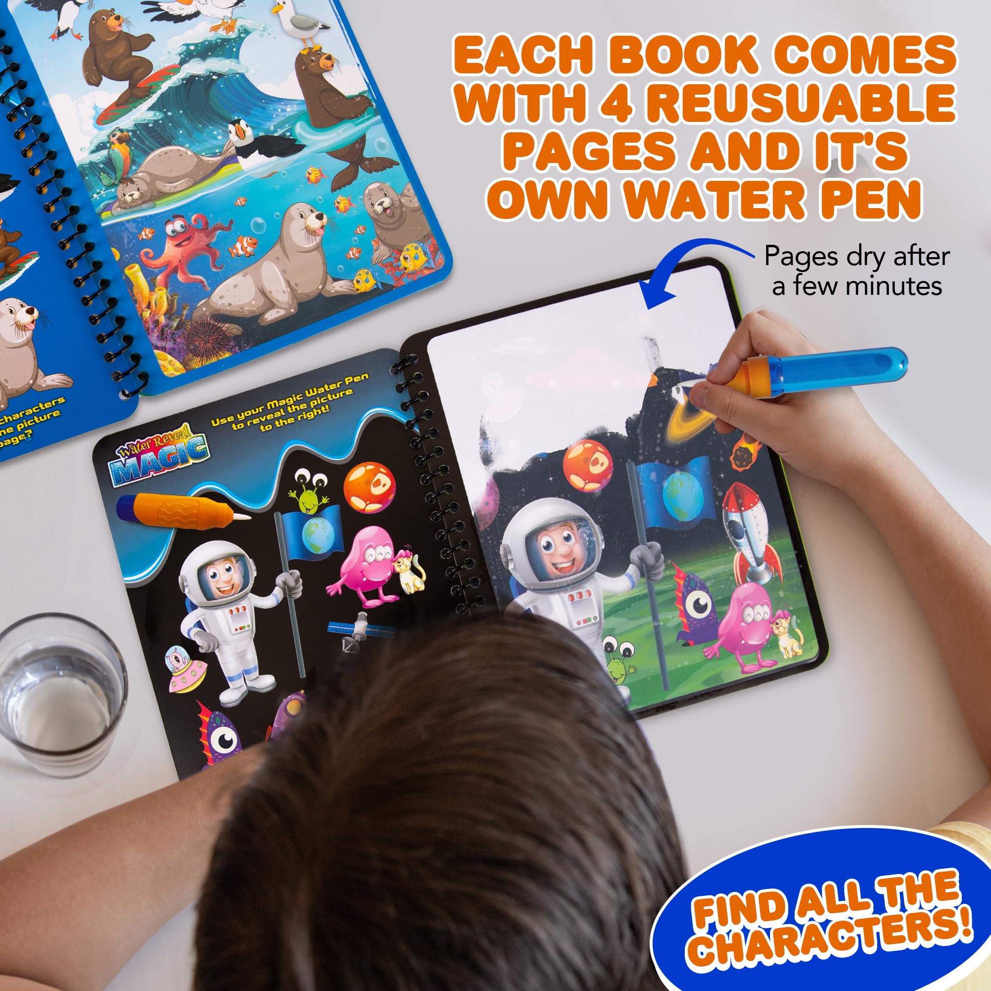 ArtCreativity 4 Pack Magic Water Coloring Books for Toddlers, Reusable Magic Water Pen Coloring Books for Kids - Mess Free Water Art Book for Toddlers - Travel Activity Toys, No-Mess Coloring