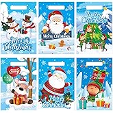 Hotop 150 Pcs Christmas Plastic Gift Bags Bulk Merry Christmas Goodie Bags with Handles Snowman Xmas Santa Snack Treat Candy Bag for Winter Xmas Holiday Gift Party Favors Supplies, 6 Designs