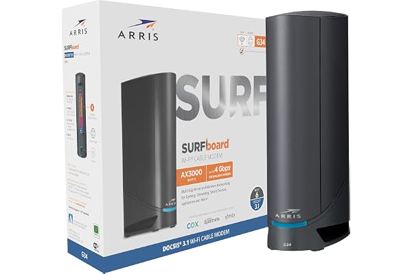 ARRIS Surfboard G34 DOCSIS 3.1 Gigabit Cable Modem & AX3000 Wi-Fi 6 Router, Approved for Cox, Spectrum, Xfinity & Others (Renewed) black