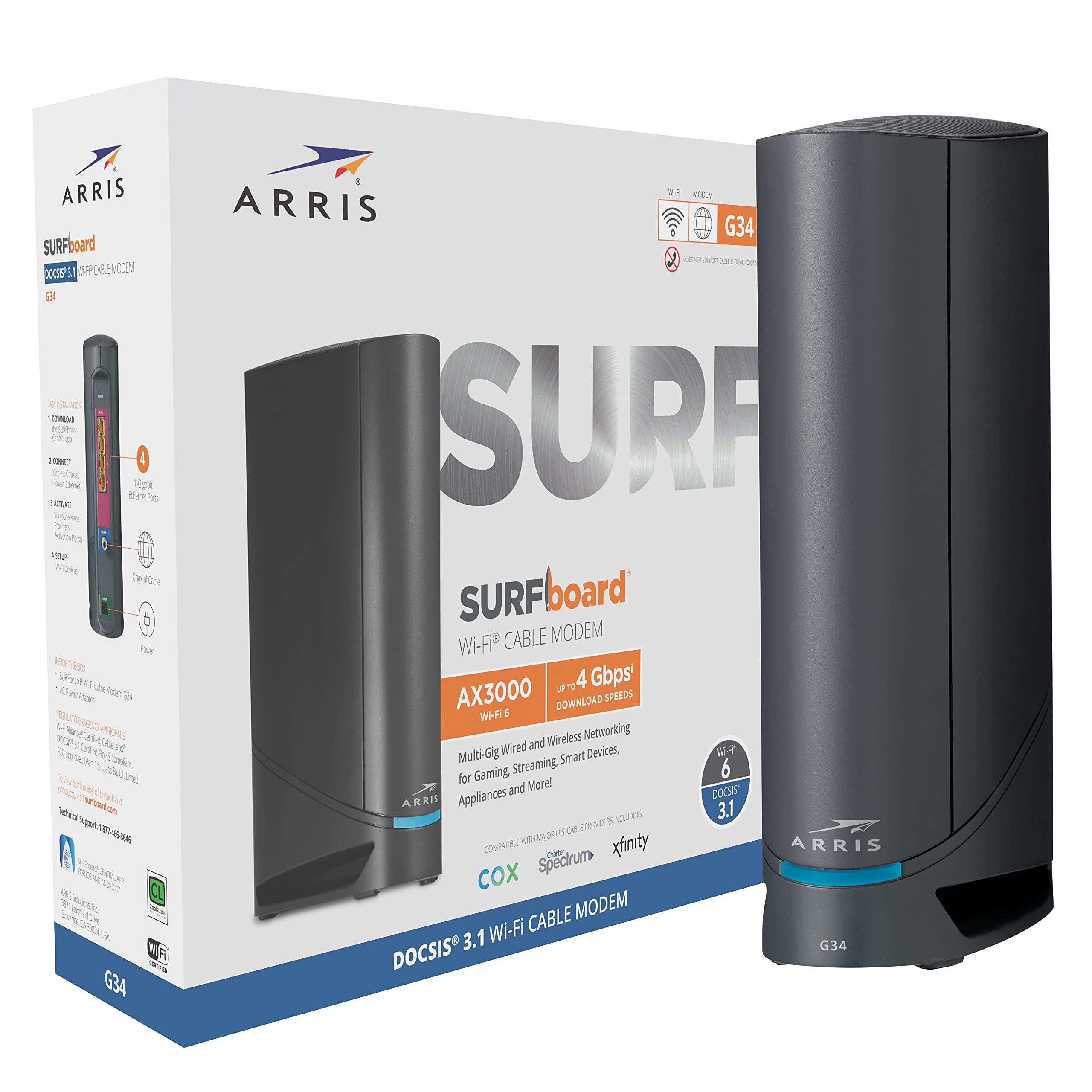 Photo 1 of ARRIS Surfboard G34 DOCSIS 3.1 Gigabit Cable Modem & AX3000 Wi-Fi 6 Router, Approved for Cox, Spectrum, Xfinity & Others (Renewed) black