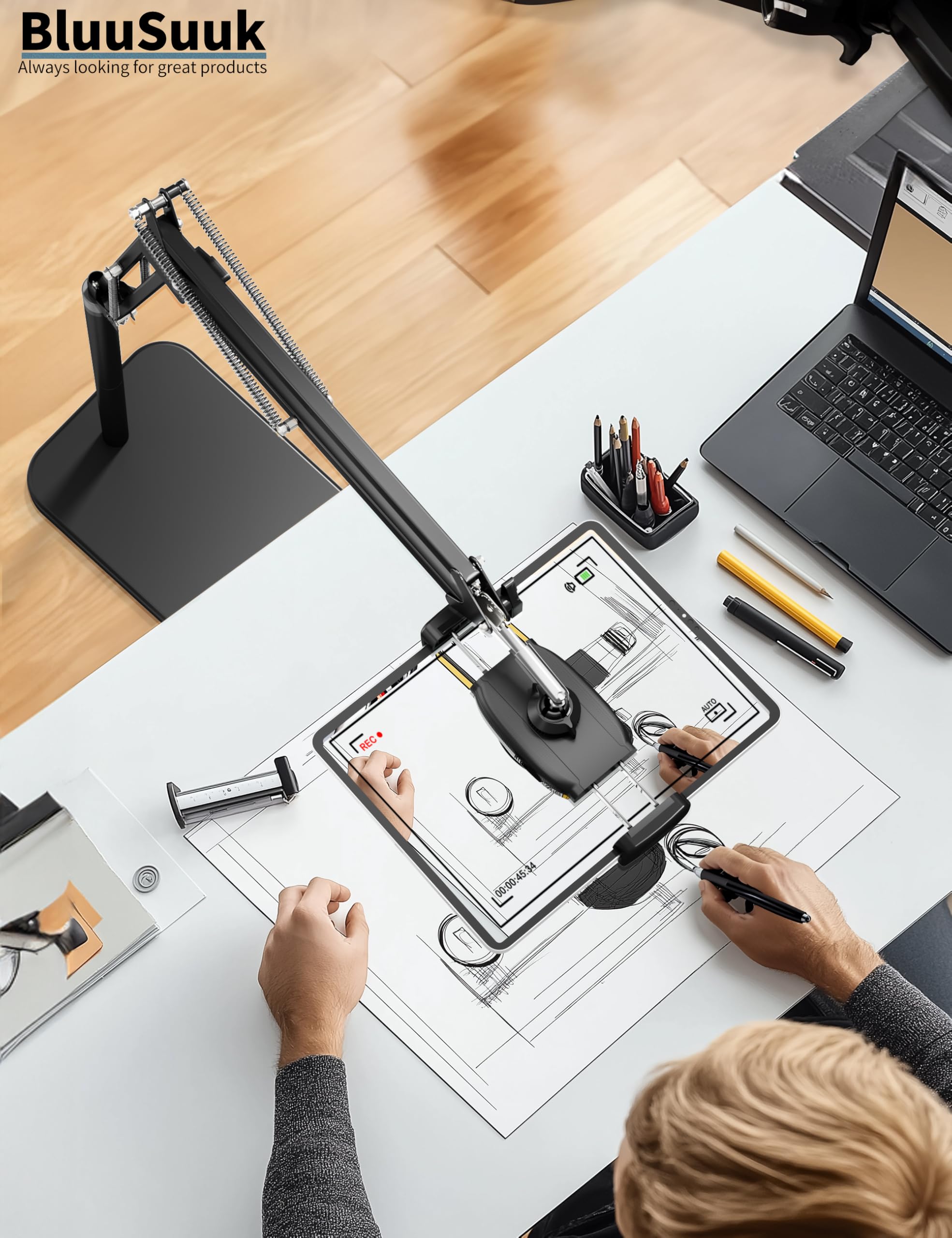 Tablet Floor Stand with 11lb Stable Base - Adjustable Height Stretchable Arm Swivel Holder Mount, Compatible with iPad Pro Air Mini 12.9/9.7, Kindle, Galaxy Tab, Cell Phones (4.7''-13'')