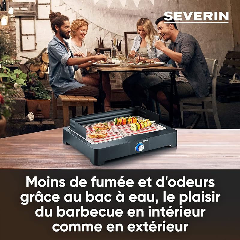 Barbecue électrique 2 200 W avec grille en inox, Barbecue de table avec pare-vent amovible, eBBQ avec bac à eau pour utilisation en intérieur et extérieur, Noir, PG 8565