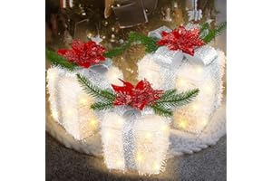 Caxchiling Christmas Lighted Gift Boxes 3 Pack, Prelit 50 Led Light Up Present Boxes, Outdoor Indoor Christmas Decorations, Christmas Arrangements Undertree, White