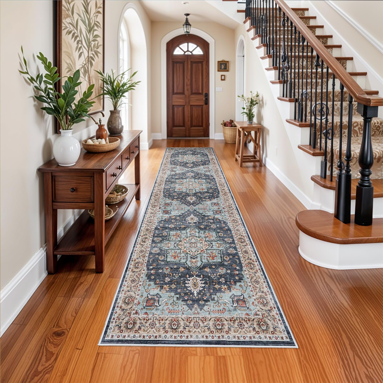 Photo 1 of Washable Oriental Hallway Runner Rug - 3x12 Rugs for Living Room Soft Carpet for Bedroom Kitchen Waterproof Floral Distressed Indoor Stain Resistant Non-Shedding Floor Carpets (Blue/Teal/Orange, 3X12)