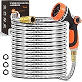 SPRIKIR Metal Garden Hose 100 ft, Stainless Steel Water Hose 100ft with 10 Function Nozzle & 3/4 Copper Fitting, Heavy Duty & Flexible, Kink Free & Lightweight for Yard, Outdoor, Lawn, Patio & Car