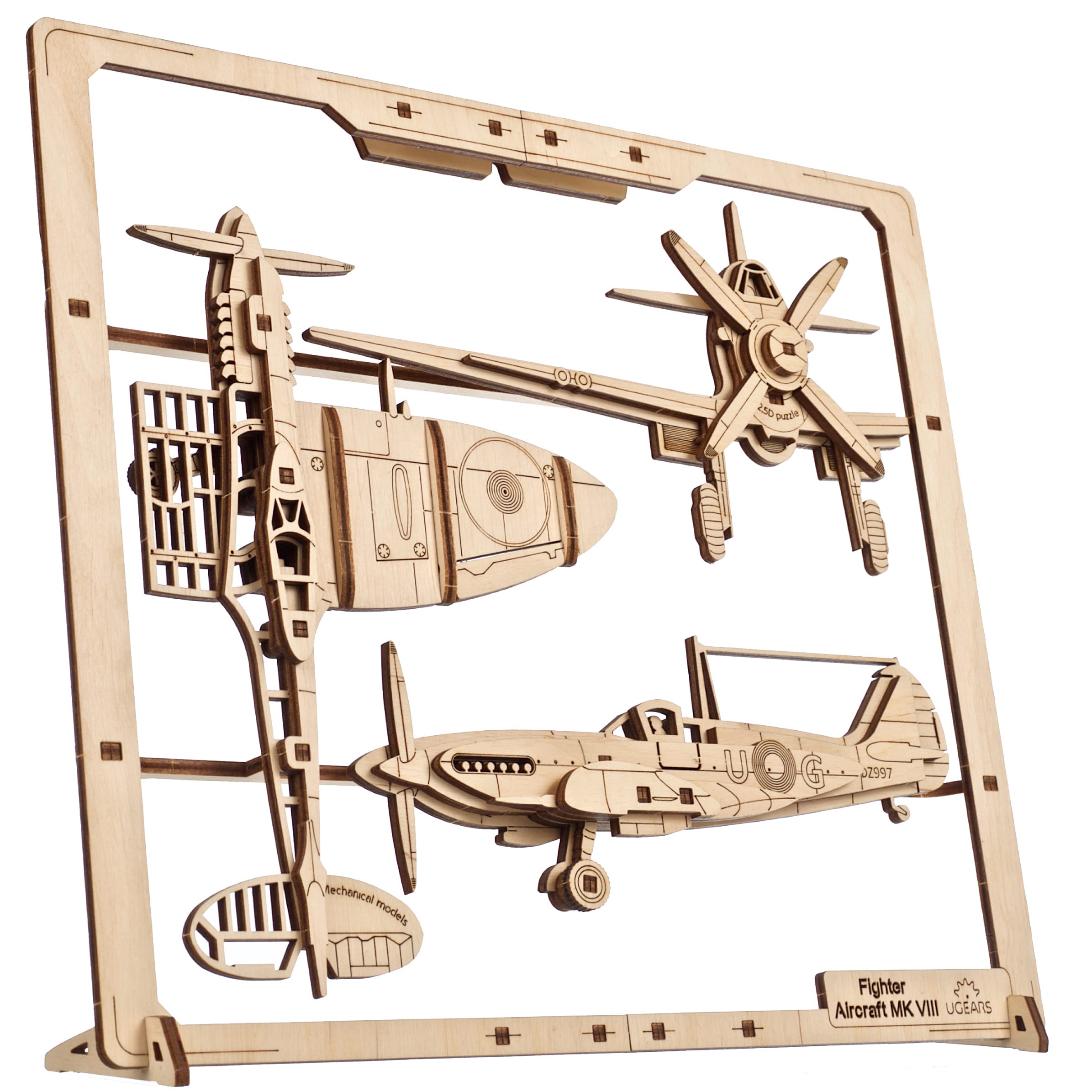 UGEARS Fighter Aircraft 2.5D Puzzle - Airplane Model Kit with Interactive Features - Model Plane Kit Wooden Puzzles for Adults - Original Wall Art Deco - Unique DIY Experience for 3D Puzzle Fans