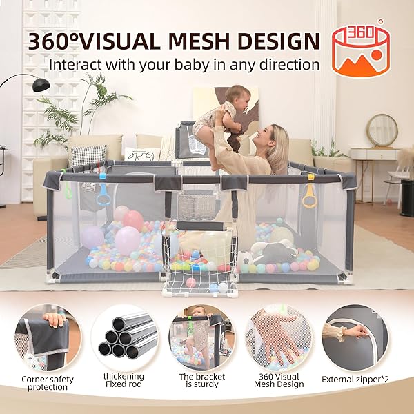 PLAYPEN FOR BABIES AND TODDLERS,73″X71″BABY PLAYPEN WITH MAT INDOOR＆OUTDOOR WITH BREATHABLE PLAY PEN WITH OCEAN BALLS HANGING POCKET BASKETBALL HOOP AND FOOTBALL GOAL (GREY WITH MAT, 73″X71″)
