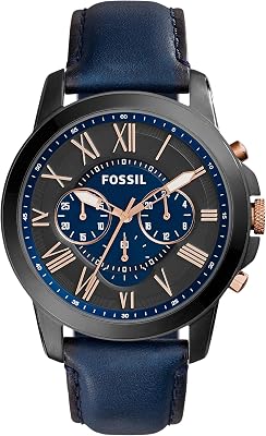 Montre pour hommes Grant, mouvement chronographe à quartz, boîtier en acier inoxydable fumé de 44 mm avec bracelet en cuir véritable, FS5061
