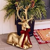 Amyhill 16 ''H Gold Christmas Reindeer Porch Decor, Resin Statue for Yard | Large Deer Christmas Decor, Xmas Front Porch Home Decor, Outdoor Yard Lawn Accent, Red Velvet Bow Detail, Mantel Shelf Accent