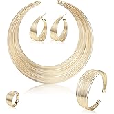 ORAZIO Bib Choker Statement Necklaces for Women Cuff Bracelet Open Hoop Stud Earrings Ring African Chunky Costume Jewelry Set
