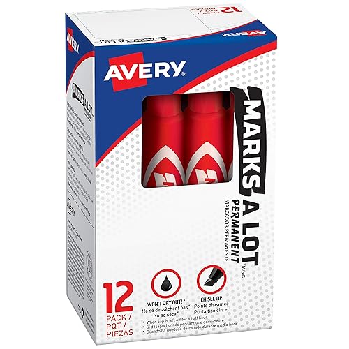 Avery Marks-A-Lot Permanent Markers, Regular Desk-Style Size, Chisel Tip, Water and Wear Resistant, 12 Red Markers (07887)