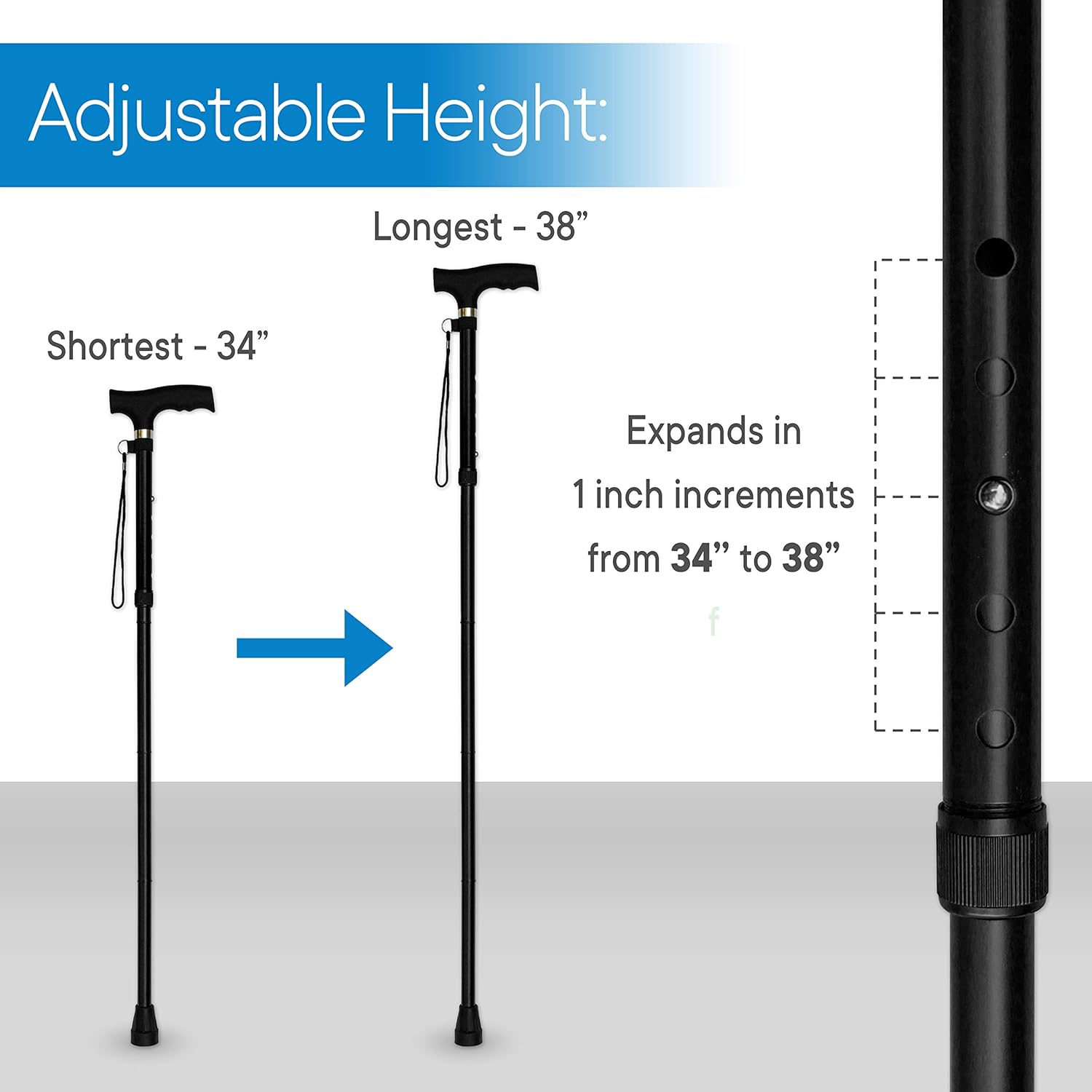 RMS Folding Cane - Foldable, Adjustable, Lightweight Aluminum Offset Walking Cane - Collapsible Walking Stick with Ergonomic Derby Handle - Ideal Daily Living Aid for Limited Mobility (Black): Health & Personal Care