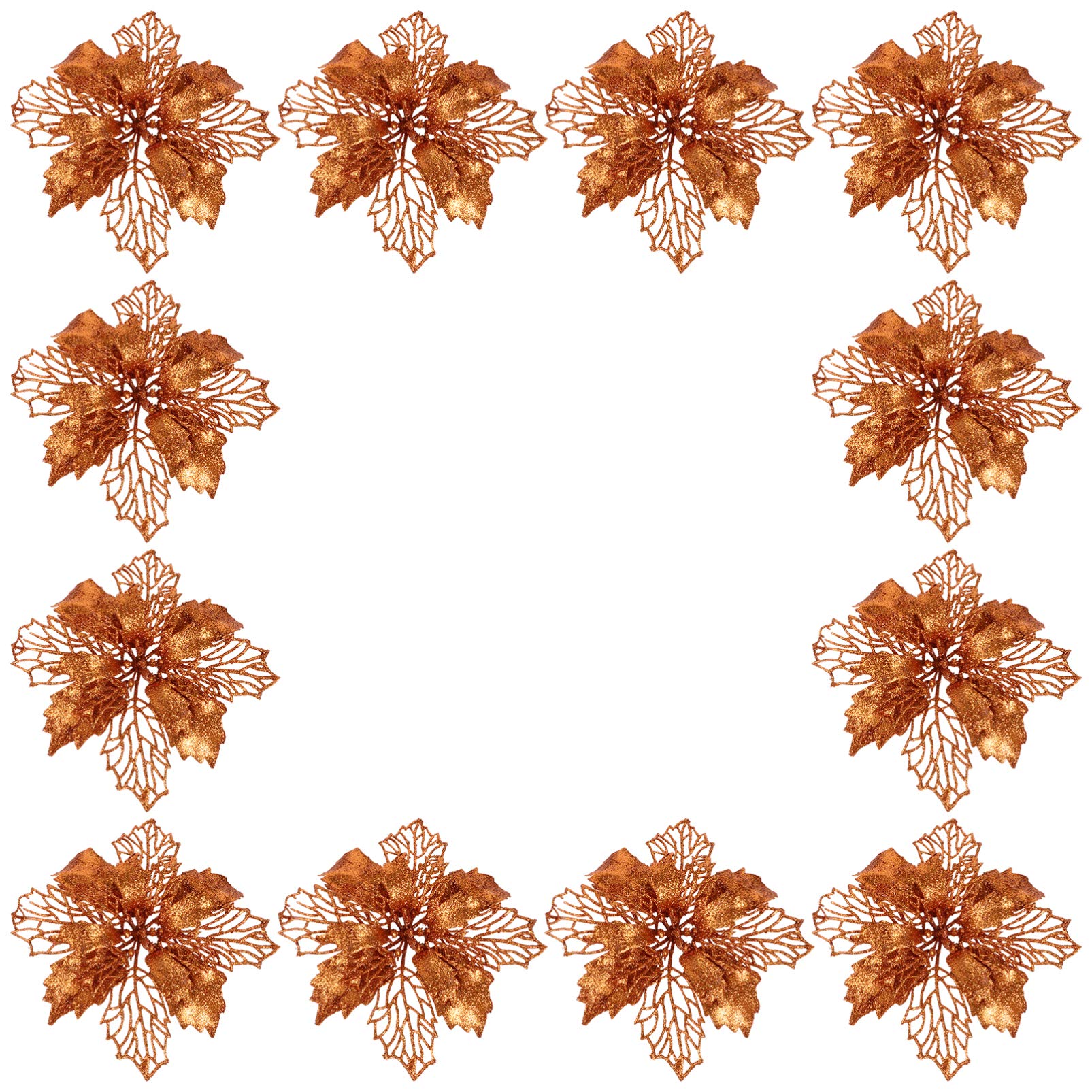 NUOBESTY 12pcs Bronze Glitter Poinsettia Artificial Christmas Hollow Simulation Tree Decoration Xmas Holiday Party Wreath Garland Bunting Decorations