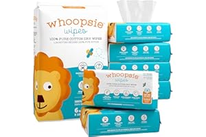 Whoopsie Wipes – The Original 100% Pure Cotton Dry Baby Wipes – Ultra Soft, Unscented, Chemical-Free Wipes for Sensitive Skin – Use Dry or Add Water for Wet Wipes – 6 Packs (600 Count)