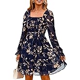 Simplee Womens Floral Long Sleeve Mini Dress Boho Square Neck Smocked A-Line Flowy Short Wedding Guest Dresses