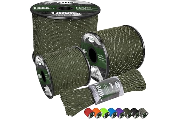 X XBEN Paracord Reflective 1000lb, 50/100/200/500/1000ft 4mm, 13 Strand Paracord Rope, Tactical Parachute Cord for Camping, Fishing, Clothesline, Hammock, Tent & Survival Bracelet, Army Green