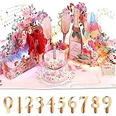 Ecloverlife Musical Birthday Card, 3D Pop-Up Flowers & Champagne Birthday Cards with Colorful Lights, Blow-Out Candles Birthday Card for Girls, Women, Wife, Moms, Sisters, Grandmothers