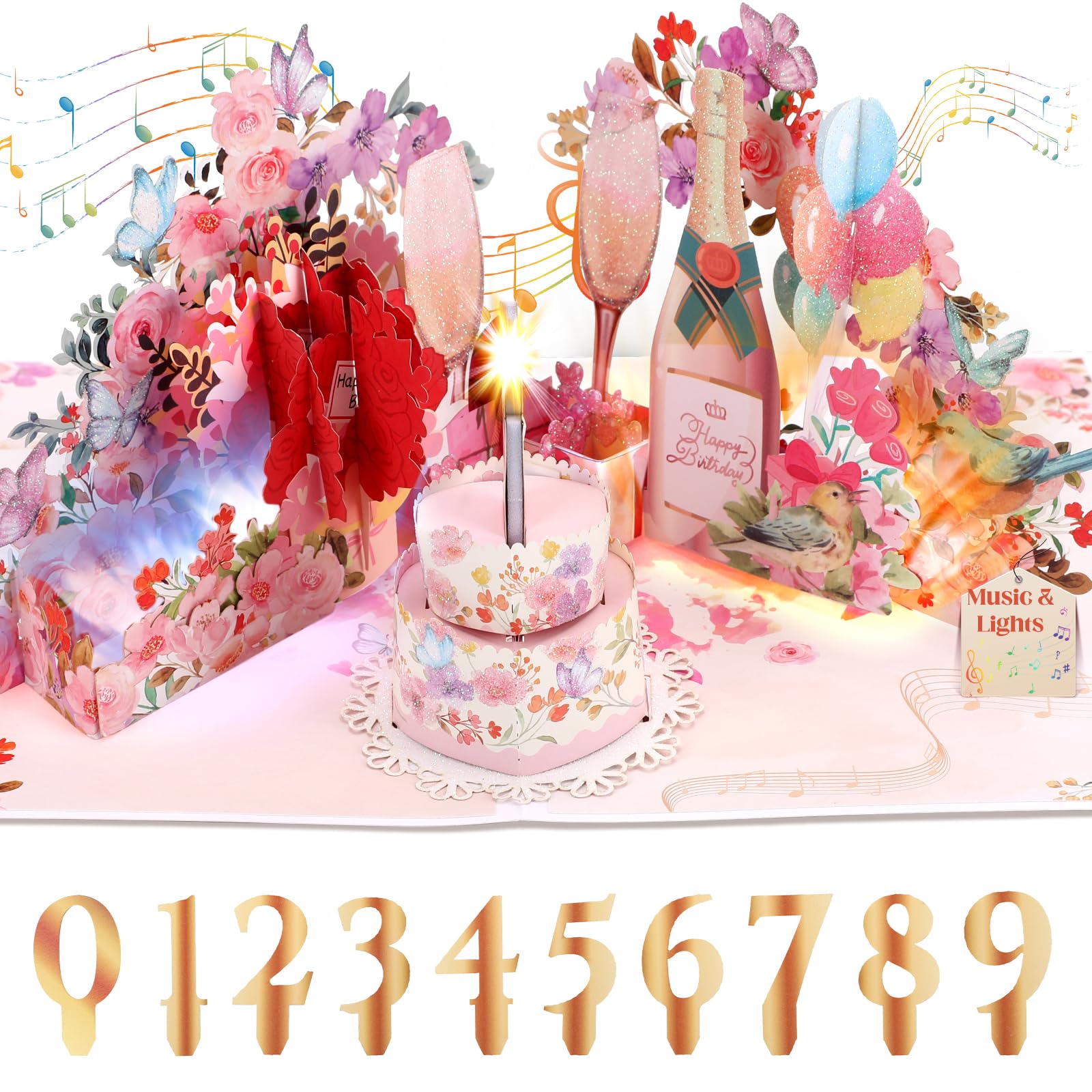 Photo 1 of Musical Birthday Card for Woman, Birthday Card with Colourful Lights, Flowers & Champagne DIY Number 1-100 Age Pop Up Greeting Card with Blow Out Candles 3D Cake, Birthday Gift for Woman, Wife, Mom, Sister, Grandma