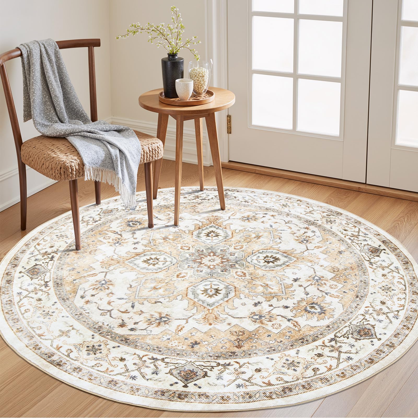 AMADA HOMEFURNISHING 4ft Round Area Rug, Low-Profile Washable 4x4 Rugs with Non-Slip Backing & Durable Edge Binding, Vintage Rug for Kitchen, Bedroom & Hallway, Beige Image