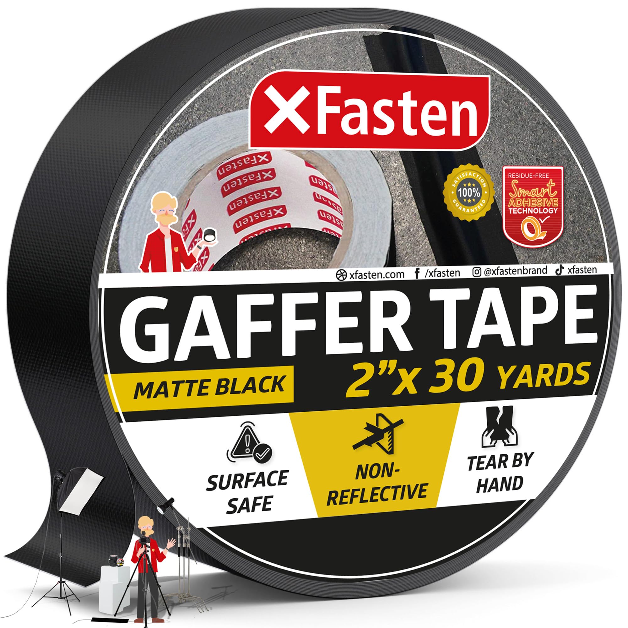 XFasten Professional Grade Black Gaffer Tape, 2 Inch X 30 Yards (50.8mm x 27.43m), Residue Free, Non Reflective and Easy to Tear Pro Gaff Tape for Photographers, DJs- Main Stage Gaffer Tape