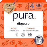 Pura Size 4 Eco-Friendly Diapers (18-31lbs) TCF Hypoallergenic, Soft Organic Cotton, Sustainable, up to 12 Hours Leak Protection, Allergy UK, Recyclable Packaging, 3 Packs of 22 (66 Diapers)