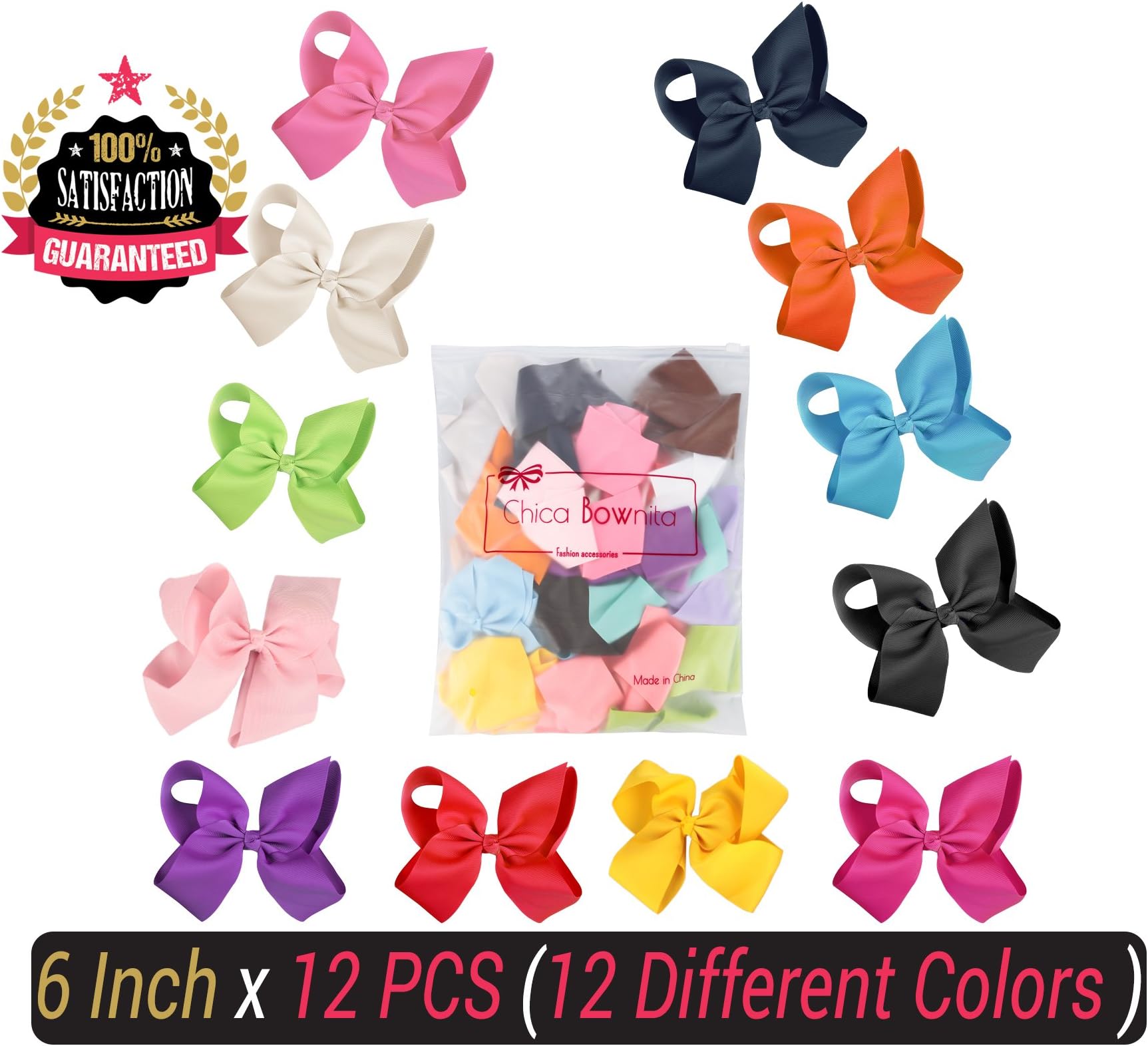 Chica BowNita 12 pcs 6 inch ribbon hair bows For baby girls , kids , teens and women