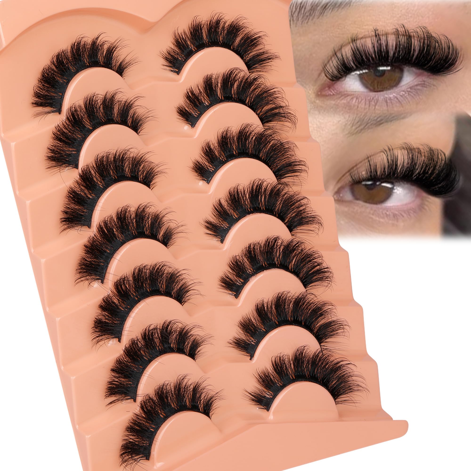 JIMIRE Natural False Eyelashes Fluffy D Curl Russian Strip Lashes Mink Fake Lashes 15MM Cat Eye Lashes Natural Look 7 Pairs Pack — image 1