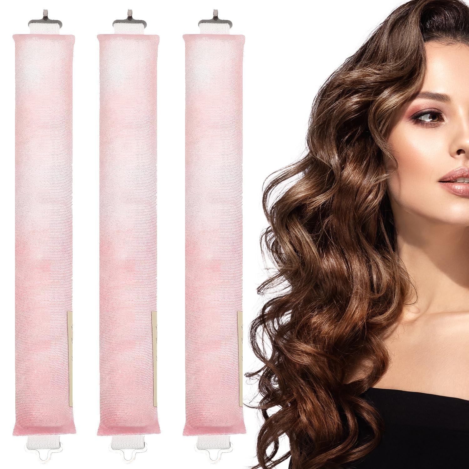 Heatless Curlers Headband - No Heat Overnight Curls for Long Hair (3 Pcs-Tie-dye Peach Pink)