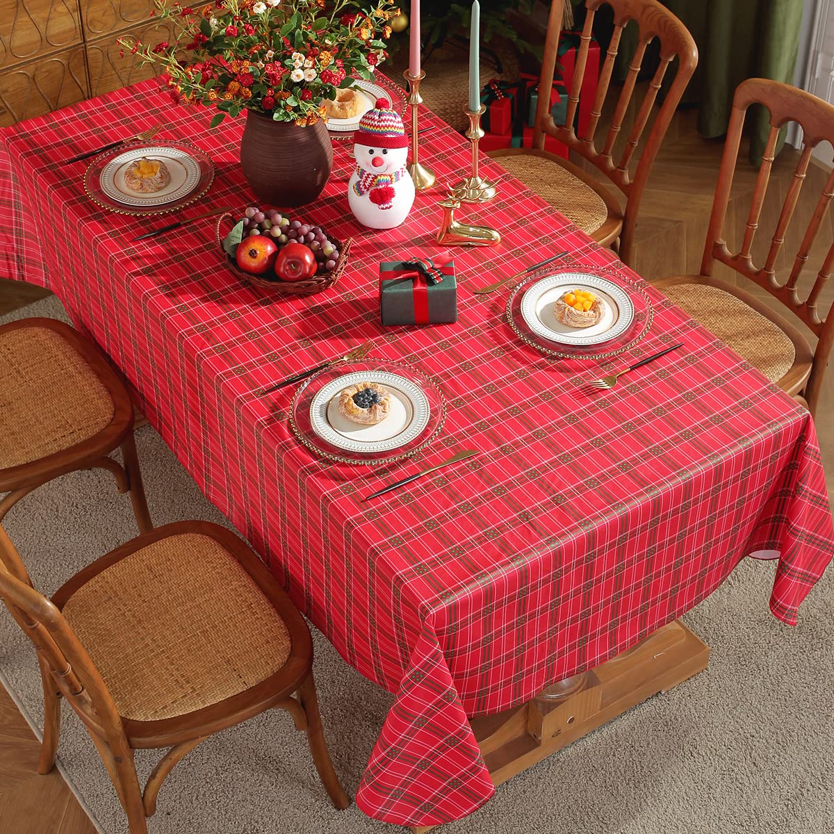 Photo 1 of SASTYBALE Christmas Vinyl Tablecloth Rectangle Buffalo Checkered Plaid Plastic Table Cloth Waterproof & Oil Proof Wipeable Table Covers for Xmas, Holiday and Parties (Red, 60"x84"(6-8 Seats))