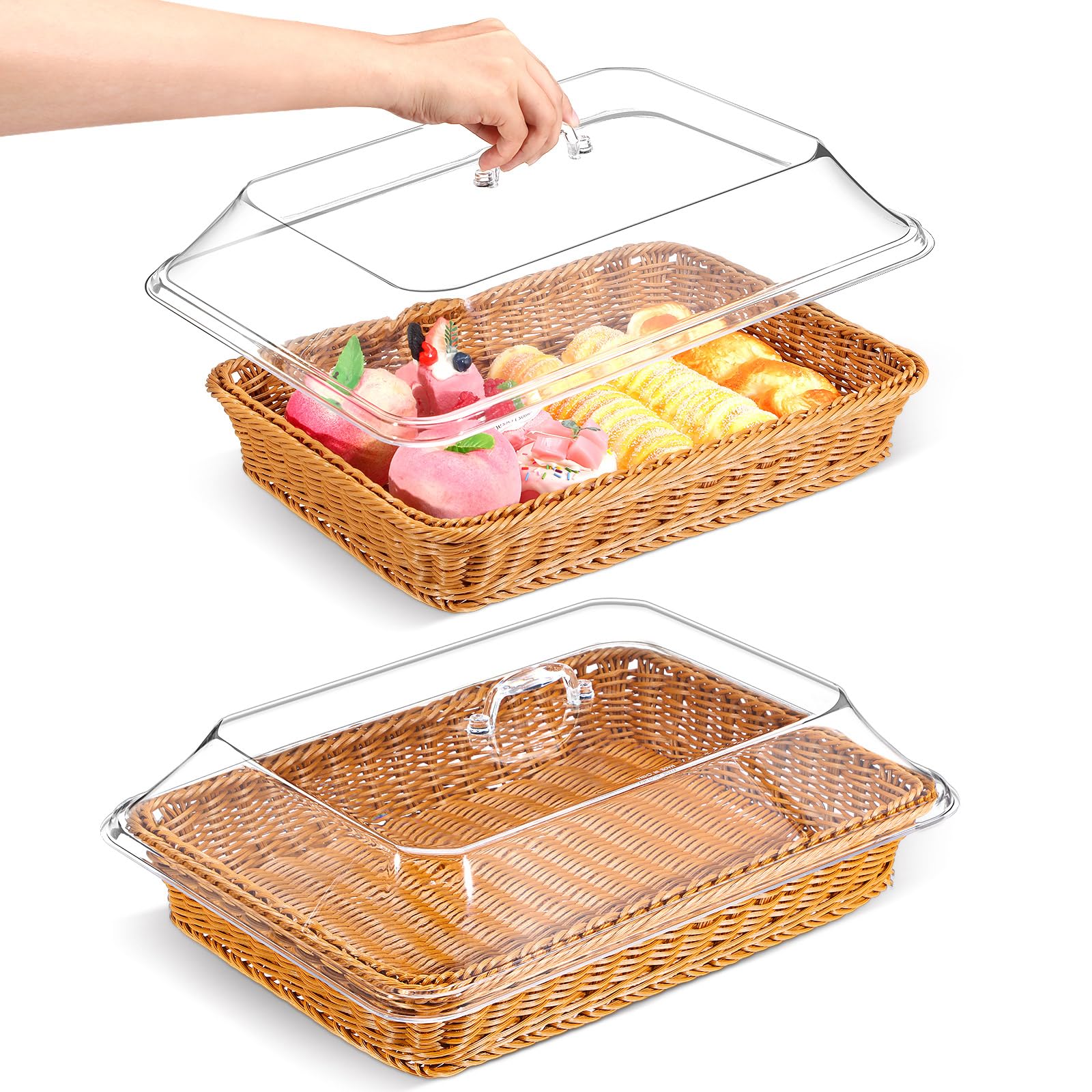 Photo 1 of Mumufy 2 Pack Wicker Large Bread Basket for Serving with Acrylic Lid Woven Rectangular Imitation Rattan Fruit Basket with Cover Food Vegetable Display Tabletop Restaurant Kitchen(15.75x11.81'')