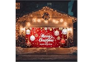 HOMETITUTE 13x6ft Christmas Garage Door Cover Merry Christmas and Happy New Year Backdrop Holiday Party Decorations Indoor Outdoor Wall Background Decor Festive Red Gold Ornament Scene Display