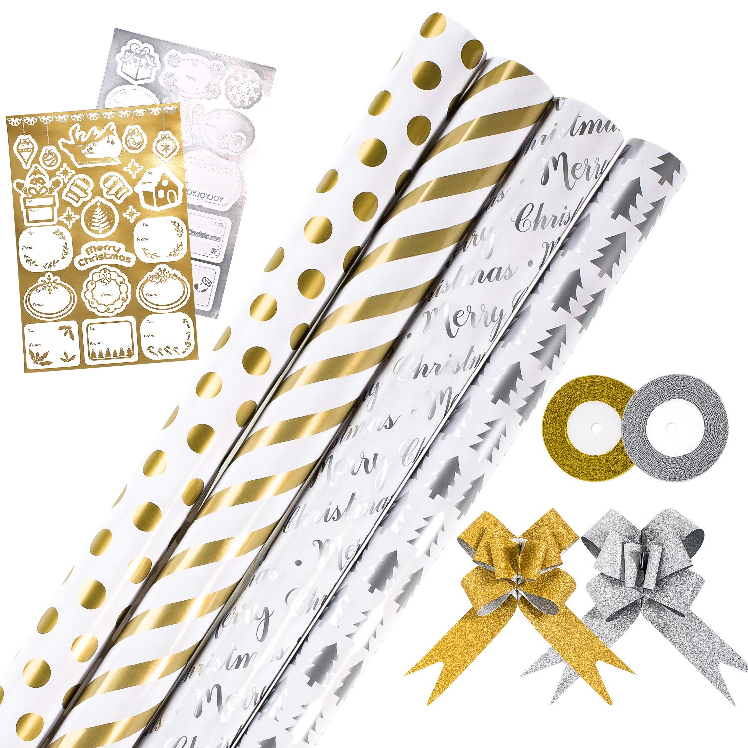 Whaline Christmas Wrapping Paper Set,Including 8 Sheets Christmas Gift Wrapping Paper,2 Rolls Ribbons,20Pcs Christmas Pull Bows and 2 Sheets Gift Tag Stickers,for Xmas Gift Pack,DIY Craft(Silver&Gold)