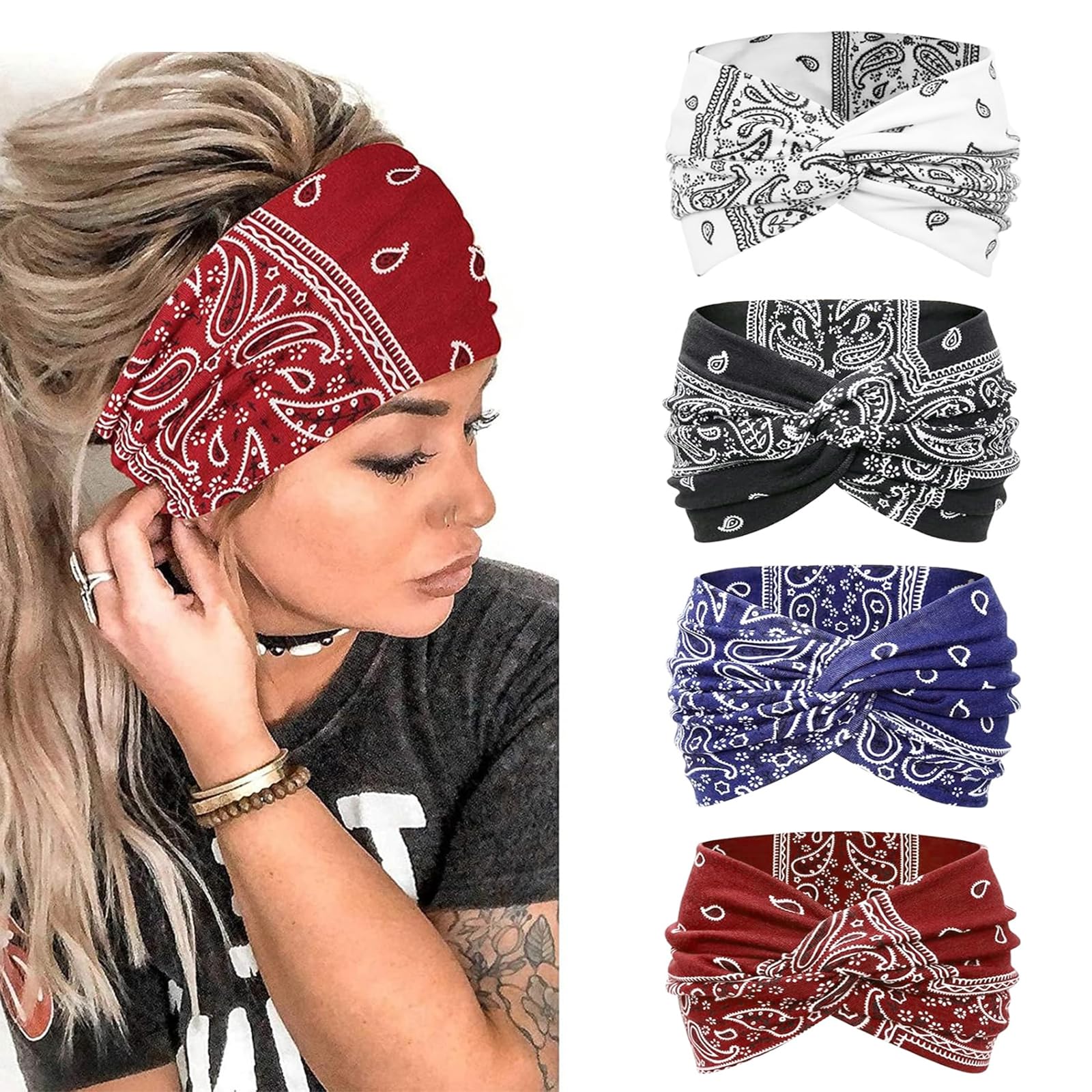 Photo 1 of Headbands for Women Knotted Headband Elastic Head Bands Women's Hair Band Non-Slip Turban Printed Stylish Sport Sweat Hair Wrap for Girls Cute Hair Accessories 4PCS (Multicolor-A 7'' Wide)