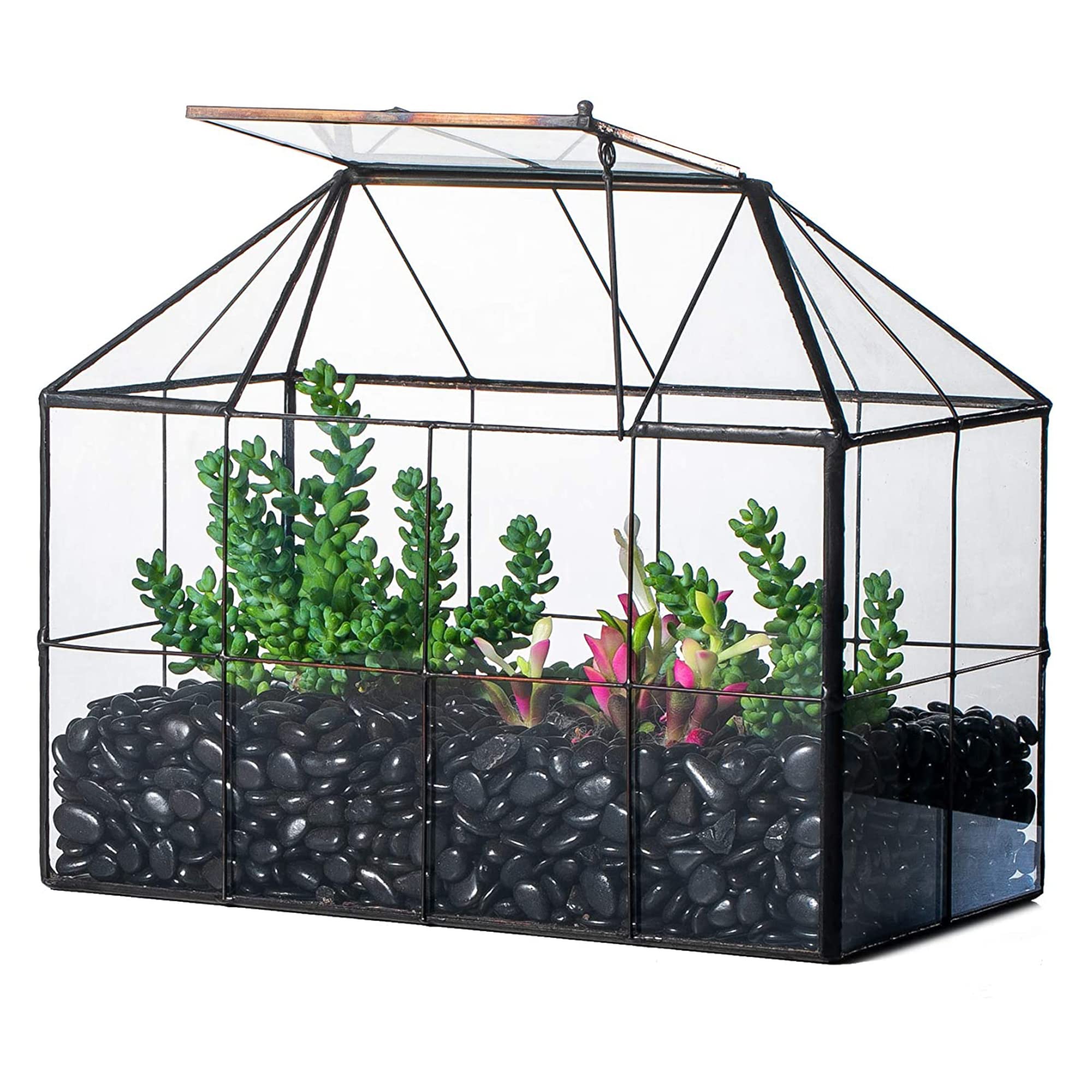 Photo 1 of ***(MAJOR DAMAGE/ SEE NOTES)***NCYP Glass Terrarium Planter with Lid for Small Succulent Cacti, Grid House Shape Black Geometric Terrarium Pot, Home Garden Indoor Tabletop Decor, 9.84" x 5.31" x 7.87" (No Plants)