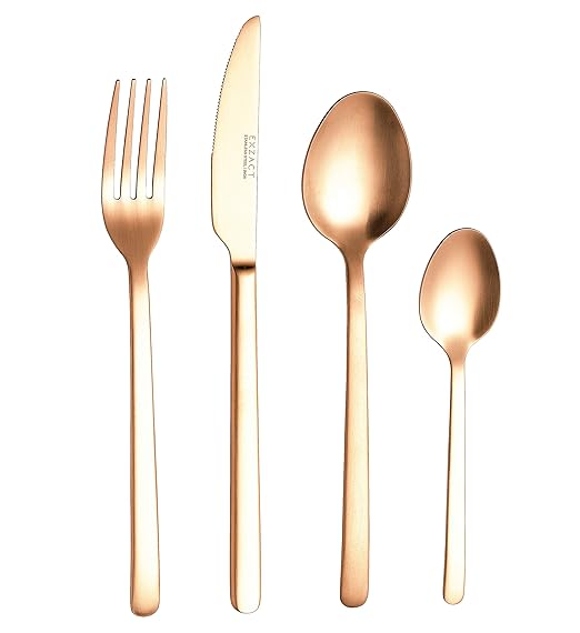 Exzact Besteck Edelstahl mit 16 Stücken Blass Goldenes : Tafelmesser x 4, Tafelgabel x 4, Tafellöffel x 4, Teelöffel x 4, kra