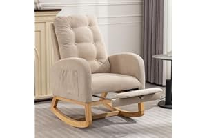 BOSTANA Gliding Rocking Chair with Retractable Footrest & High Back,Nursing Chair with Rubber Wood Legs and Side Pocket,Nursery Glider Teddy Chair for Living Room & Bedroom - Beige