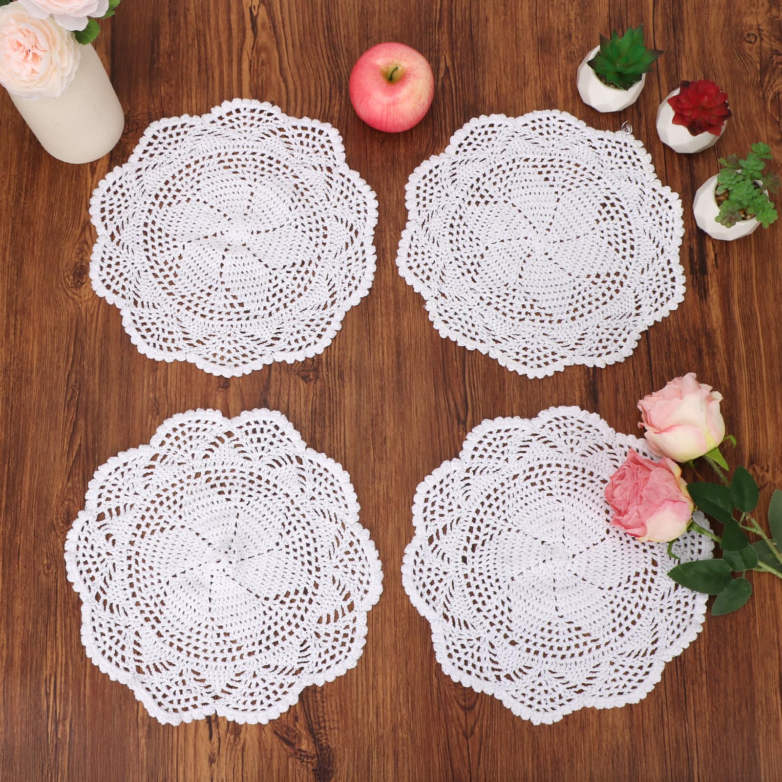 kilofly Crochet Cotton Lace Table Placemats Doilies Value Pack, 4pc, Hexa, White, 12 inch