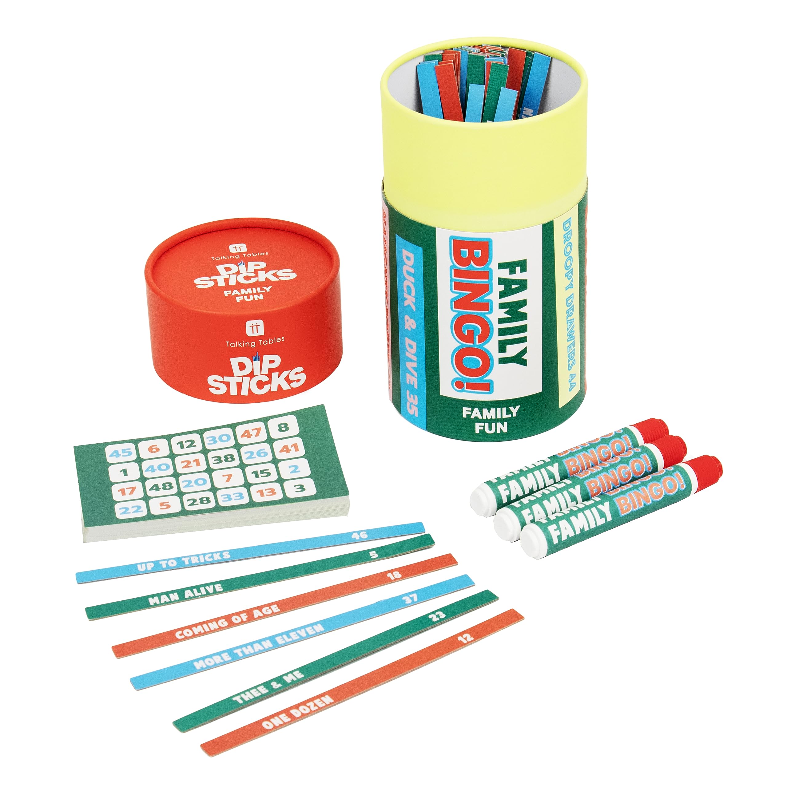 Talking Tables Family Bingo Game Set for Kids and Adults – Fun Party Game for Christmas, Family Gatherings, Parties – Includes 6 Dobbers, 100 Sheets, 48 Call Out Sticks Idea –