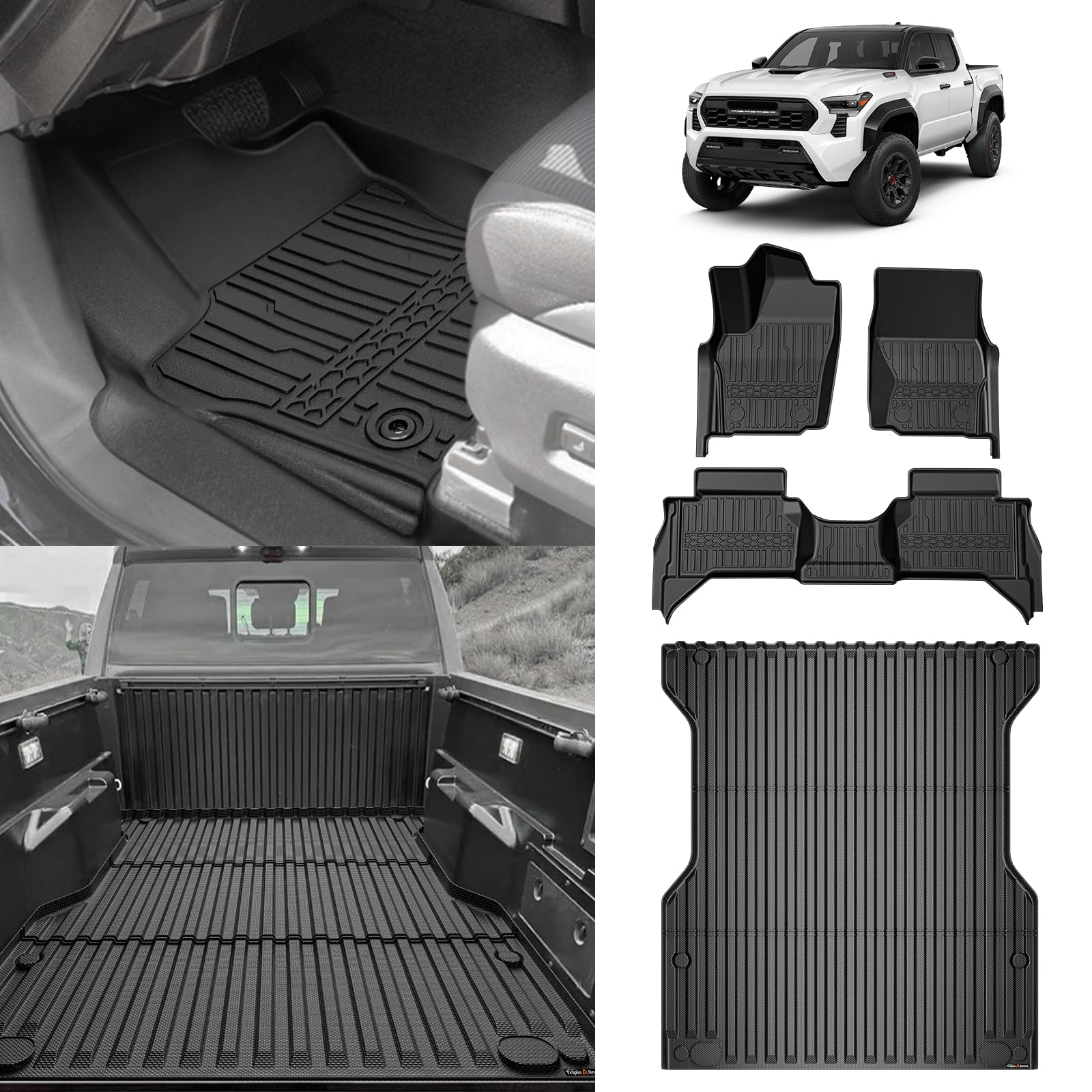 TripleAliners Floor Mats & Truck Bed Mat All Weather Liners Compatible with 2024 2025 Toyota Tacoma Double Cab with 5FT Bed TPE Carpets Liner Custom Fit Heavy Duty Exclude Hybrid(Floor Mats+Bed Mat)