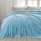 NEWCOSPLAY Super Soft Queen Blanket Blue Premium Silky Flannel Fleece 3D Ribbed Jacquard Lightweight Bed Blanket All Season Use (Blue Ribbed, Queen(90"x90"))