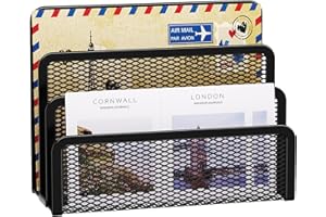Marbrasse Mail Organizer for Desk, 3-Slot Mesh Metal Mail Holder countertop, Letter Holder, Office Desktop Envelope and Document Storage Rack (Black)