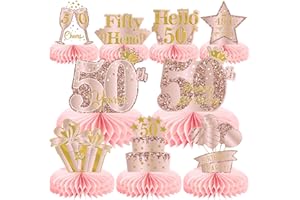 MOORAY 9Pcs 50th Birthday Decorations Pink Rose Gold Honeycomb Centerpieces for Women,Happy 50th Birthday Table Centerpieces Party Supplies,Fifty Year Old Birthday Table Toppers Decor