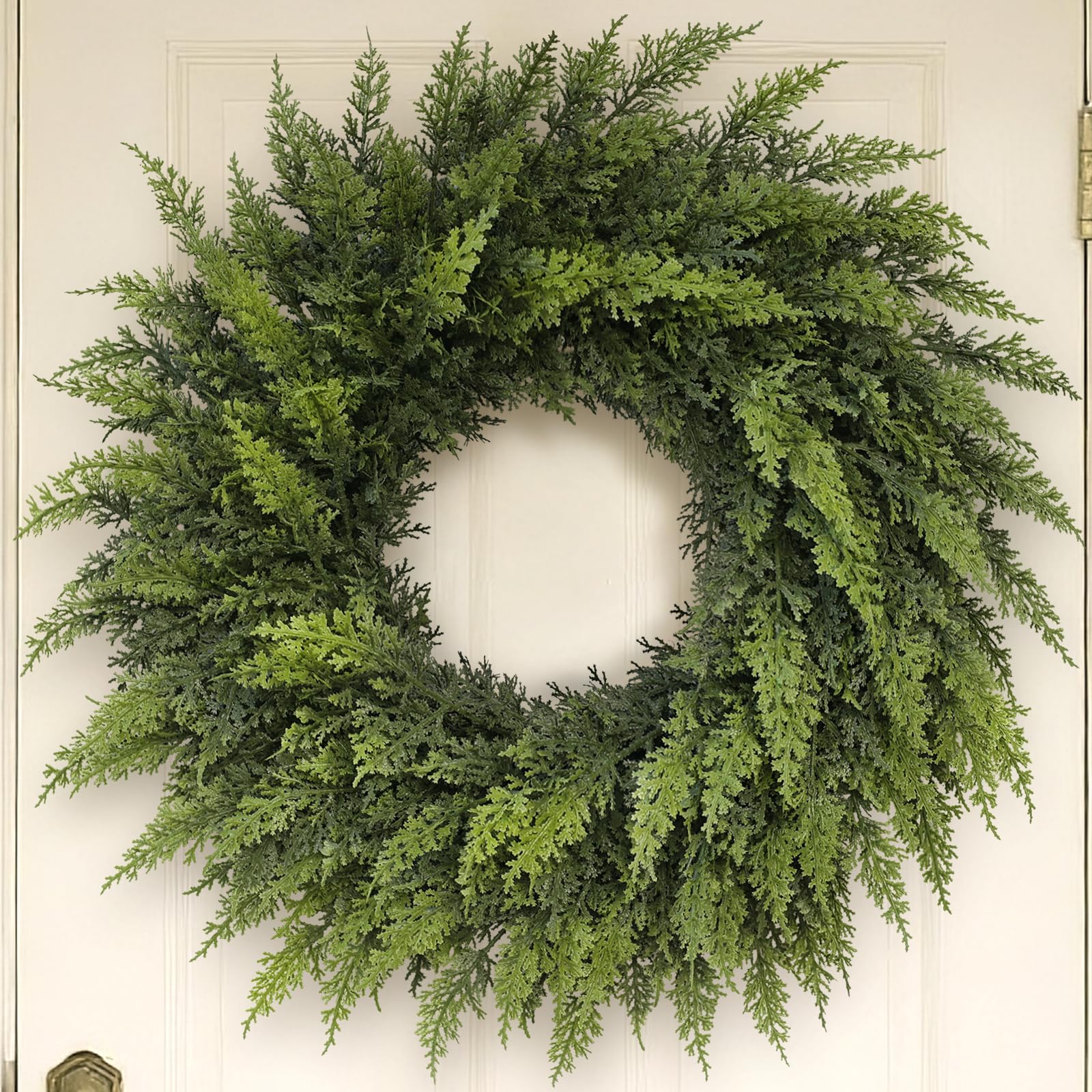 View 1 of 24" Real Touch Christmas Cedar Wreath - Artificial Cedar Wreaths Faux Green Fake Pine Needles Wreath for Front Door, Wall, Windows, Home,Outdoor,Xmas Decor