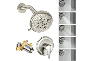 KINSE Shower Valve and Trim Kit, Shower Faucet Set With 5 Inches Rain Shower Fixtures, 5-Spray Shower Head and Faucet Set, Single Handle Control Shower Faucet Set with Valve（Brushed Nickel ）
